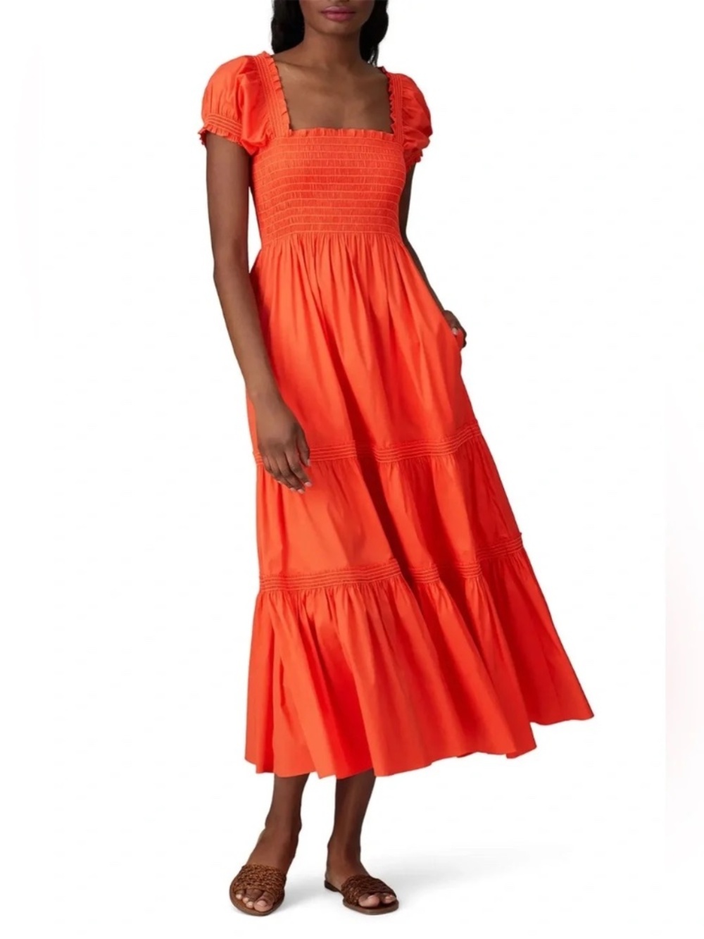 *NWOT* Tory Burch Smocked Midi Dress in coral Red, Size -Small Petite